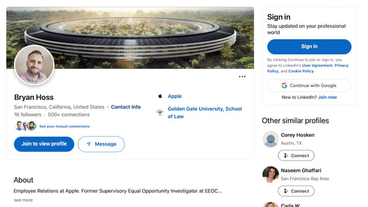 Bryan Hoss's LinkedIn profile showing he left the EEOC to work at Apple