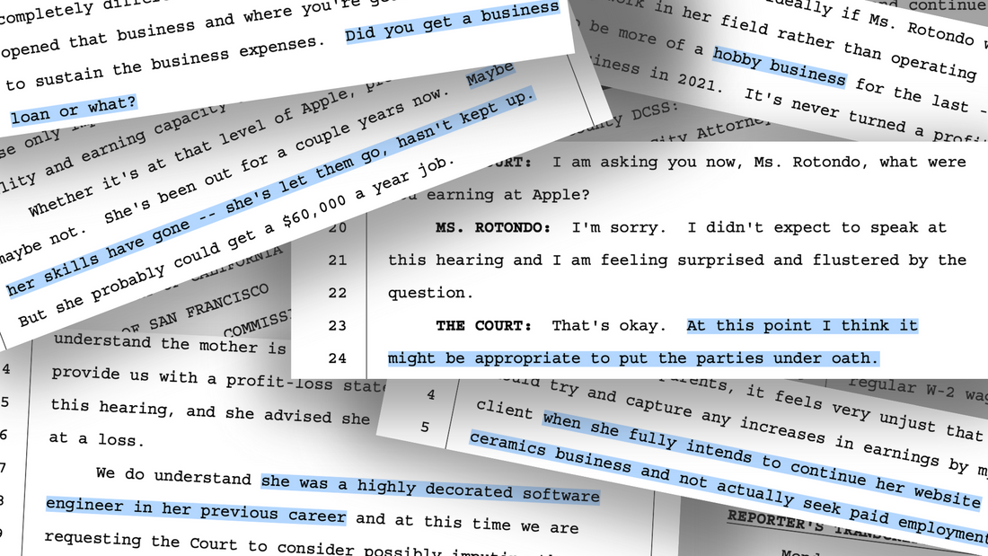 excerpts from court transcripts with phrases highlighted like "hobby business"