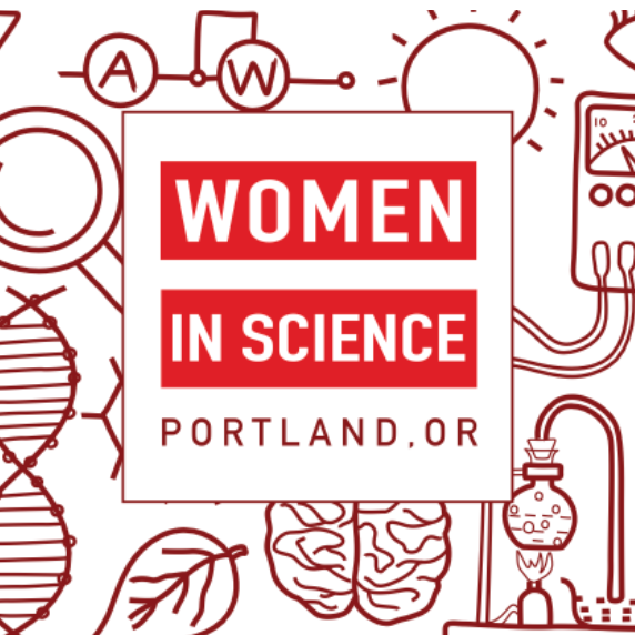 Logo for 'Women in Science Portland, OR' with scientific illustrations on a white background.